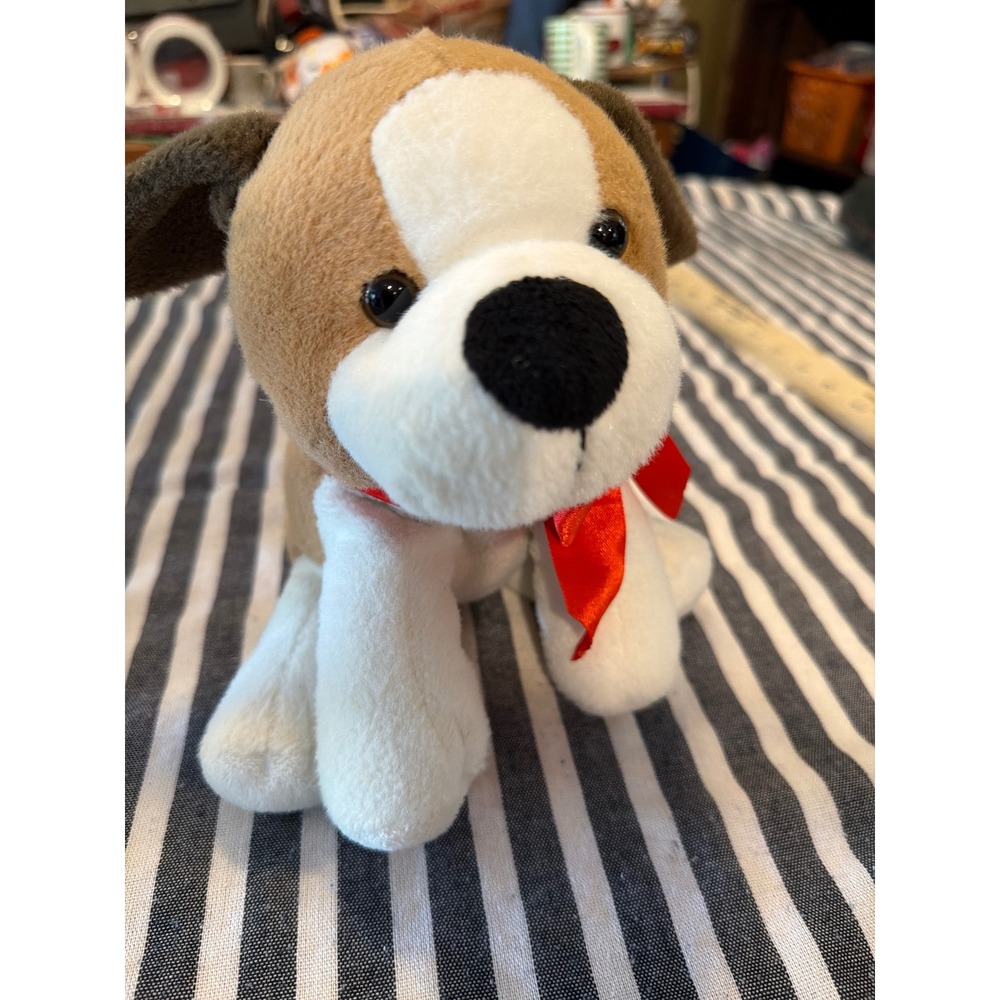 Animal Adventure 2017 Tan White Puppy Dog Plush Stuffed Animal Red Ribbon Bow